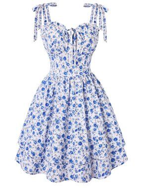 Floral Mini Dress for Women Teens Corset Graduation Sundress Blue Ditsy S